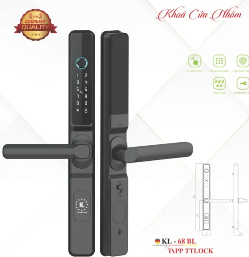 Khóa vân tay cửa nhôm KASSLER KL - 68 BL chống nước – An toàn, hiện đại cho mọi cửa nhôm
